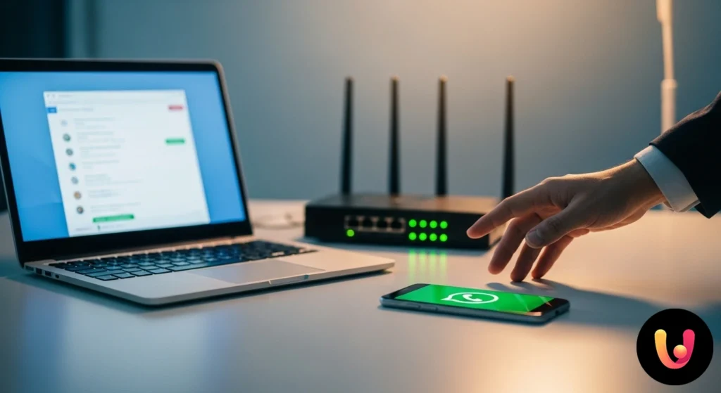 Schermata di un computer portatile con l'interfaccia di whatsapp web che mostra il messaggio di errore di connessione.