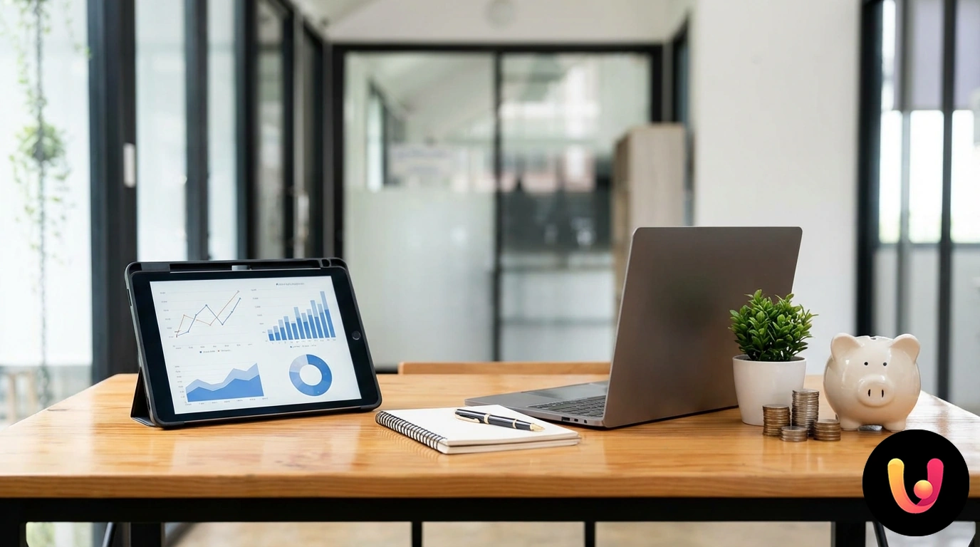 Calculator on a balance sheet with growth charts and stacked coins for savings