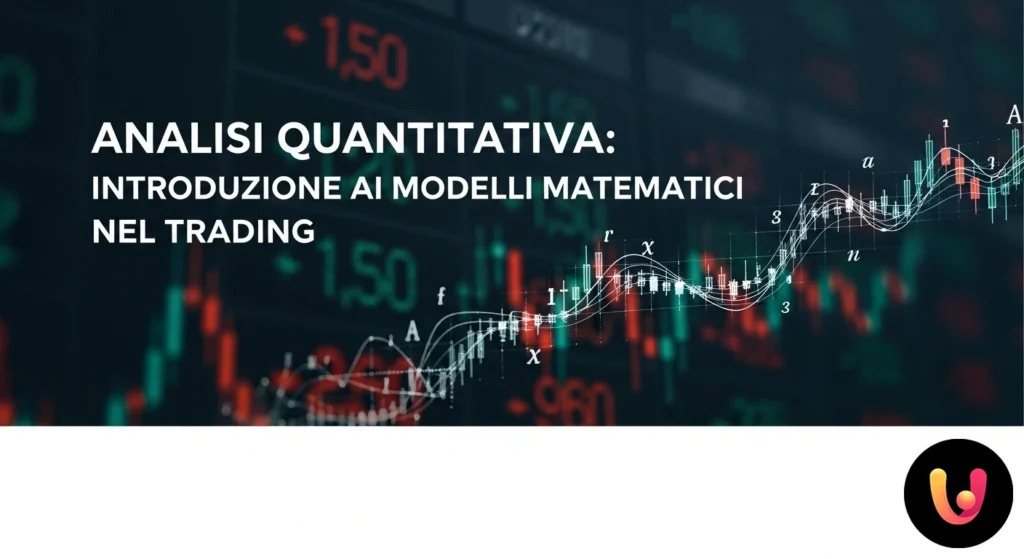 Schermo digitale con grafici di borsa, dati numerici e sovrapposizione di formule matematiche per l'analisi dei mercati.