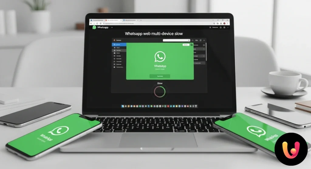 Schermata di un laptop che mostra l'interfaccia di whatsapp web con un'icona di caricamento, a simboleggiare la lentezza del