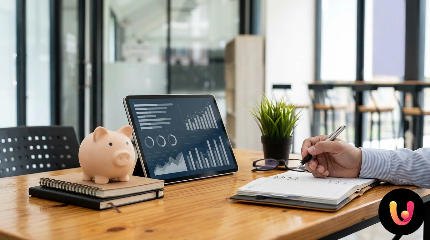 Taschenrechner, Notizblock und Münzen auf einem Schreibtisch zur Planung des Monatsbudgets