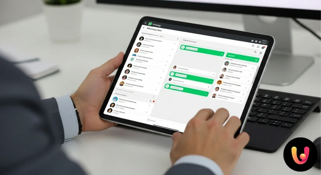 Interfaccia di whatsapp web visualizzata sullo schermo di un tablet android tenuto tra le mani.
