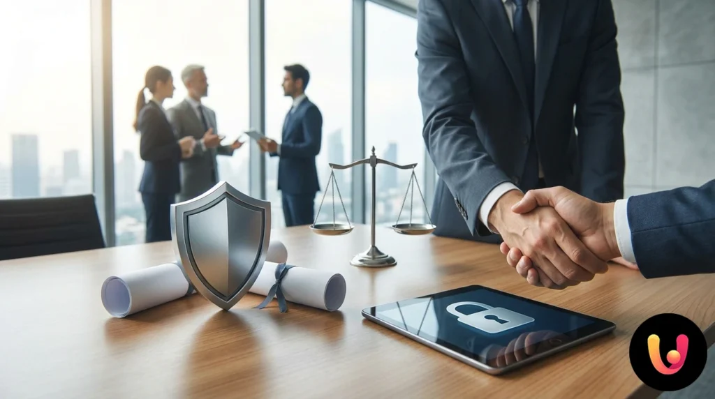 Mãos de um profissional a assinar um contrato de seguro numa secretária com documentos e uma caneta