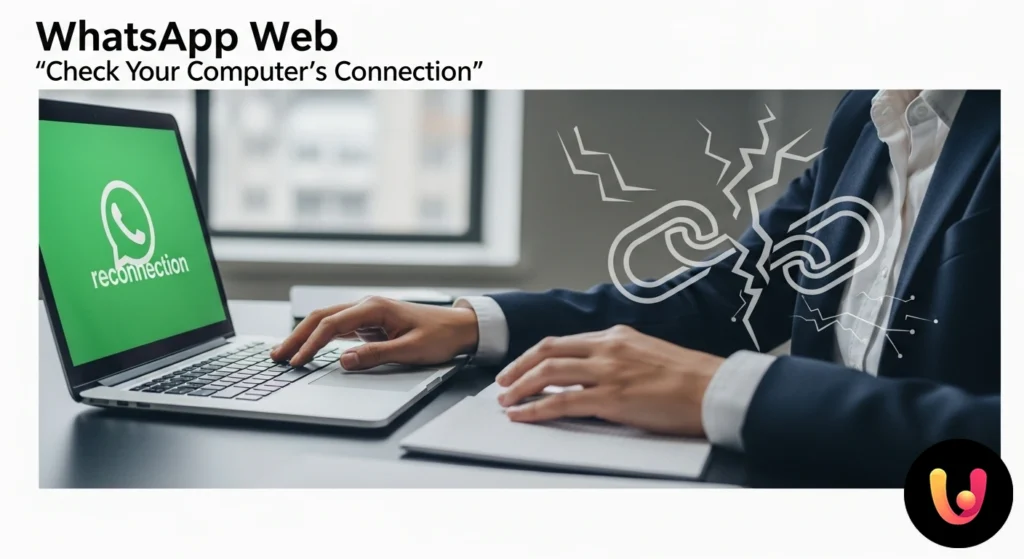 Messaggio di errore 'controlla la connessione del tuo computer' visualizzato sull'interfaccia di whatsapp web su un laptop.