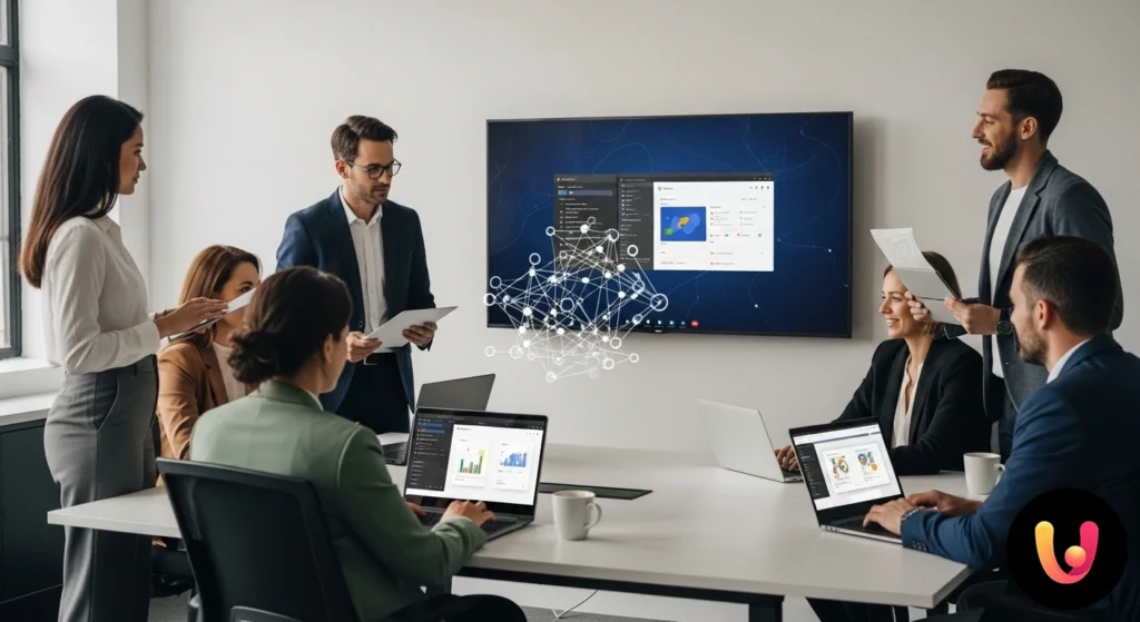 Gruppo di lavoro che collabora a un progetto comune utilizzando le applicazioni di google workspace su laptop e tablet.