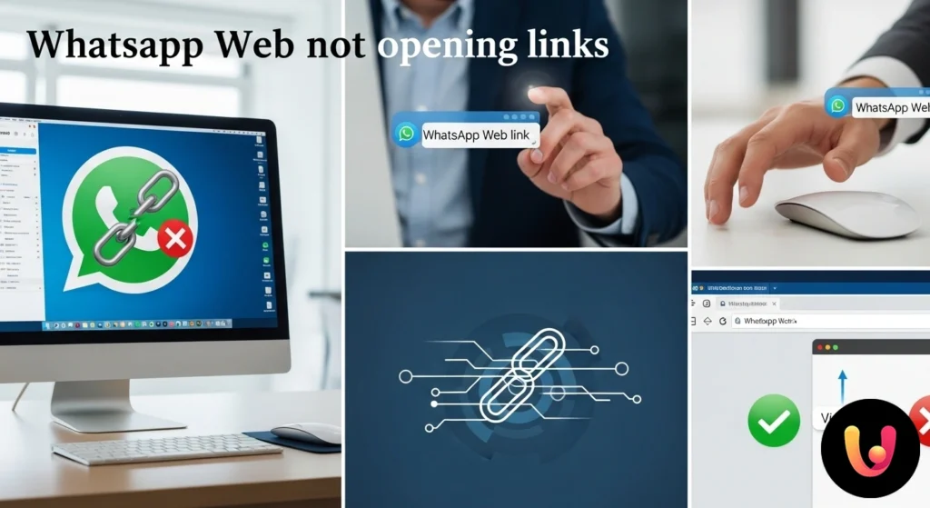 Schermata di whatsapp web su laptop con un link non funzionante evidenziato da un'icona di errore.