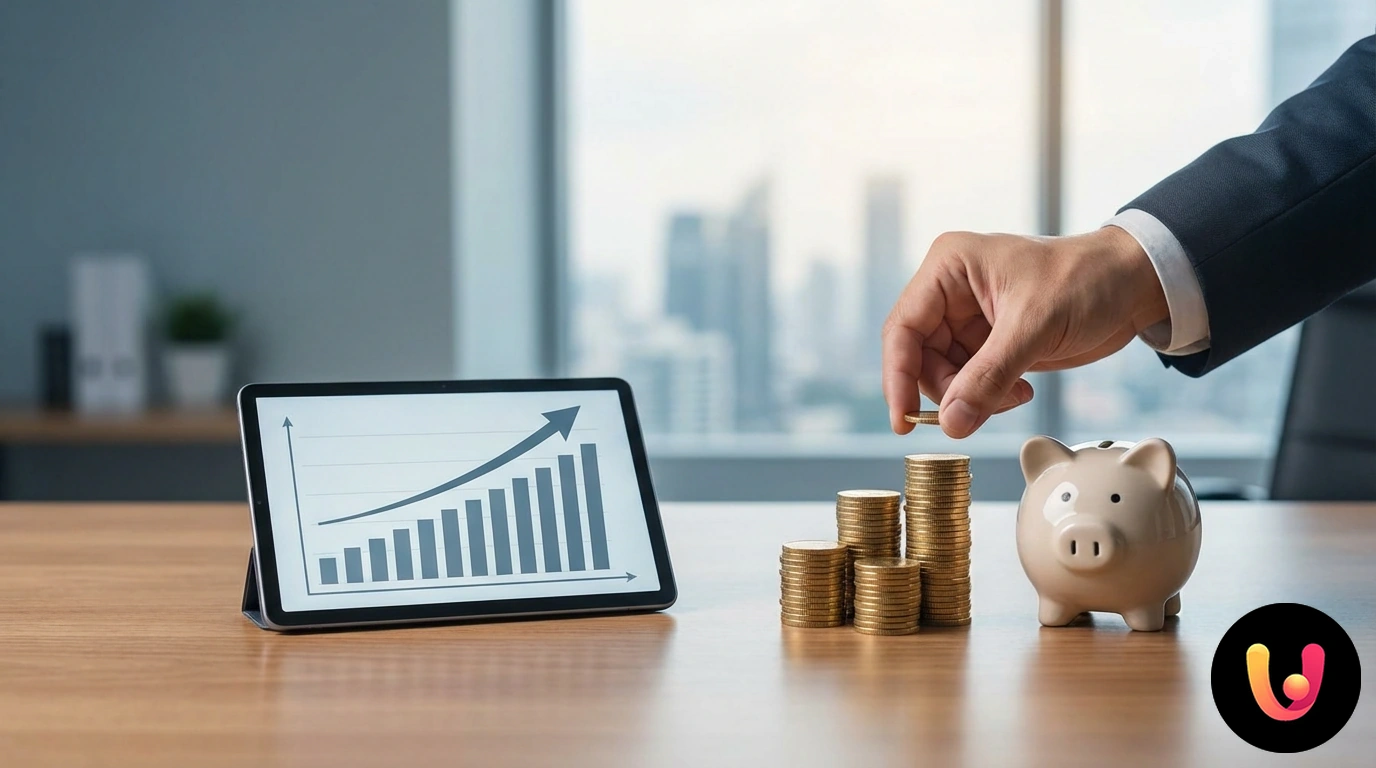 Hand, die eine Münze in ein Sparschwein steckt, neben einem Notizbuch mit Finanzplanung