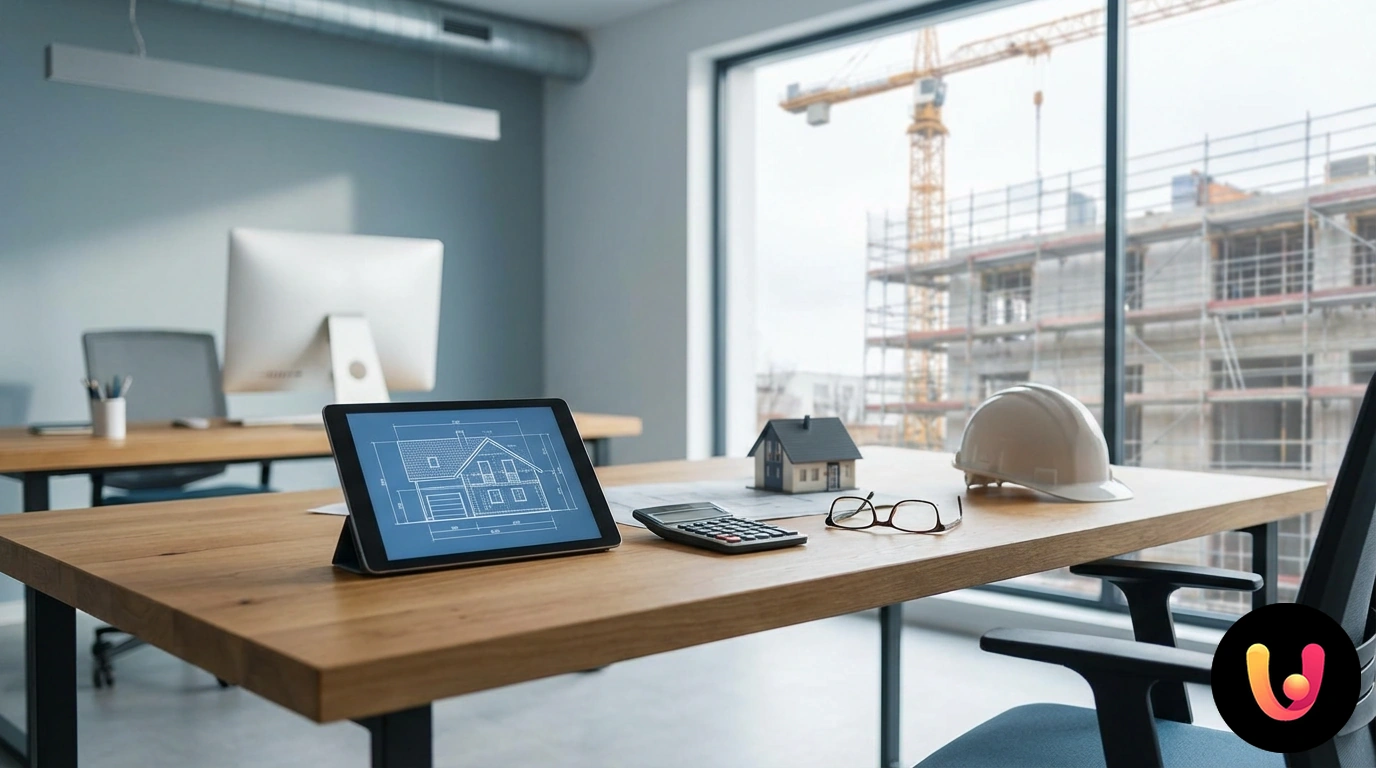 Pareja consulta planos de obra en un entorno doméstico en fase de reforma con una escalera y herramientas