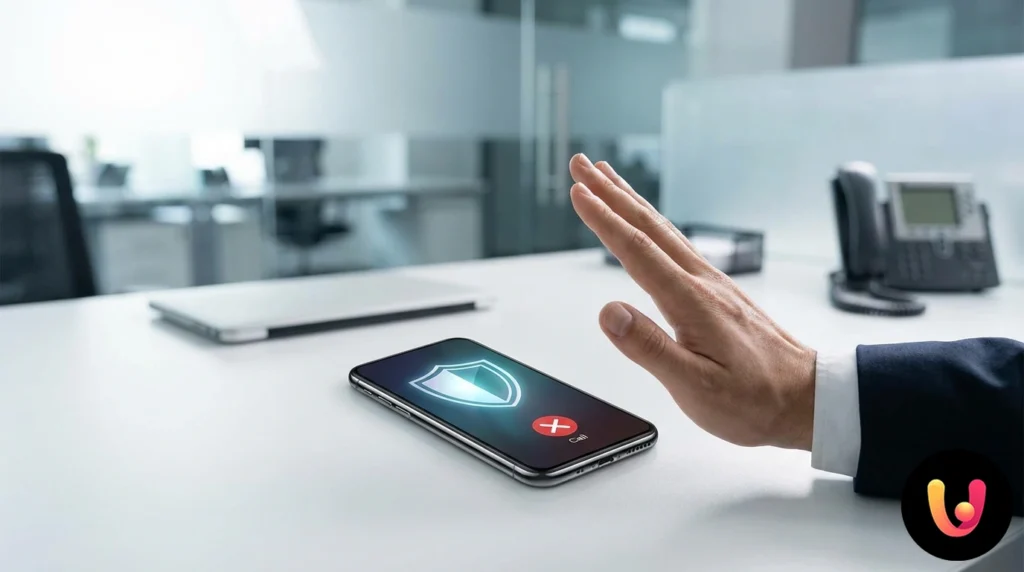 Smartphone, das eine Warnung vor einem eingehenden Spam-Anruf mit Blockieroption auf dem Display anzeigt