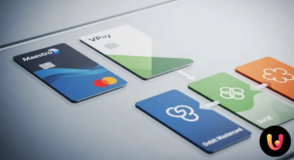 Debit Cards: A Guide to Maestro, VPay, Mastercard, and Visa Loghi dei circuiti di debito maestro, vpay e debit mastercard affiancati per un confronto visivo delle loro identità di marca