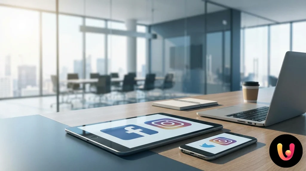 Mano sosteniendo un smartphone que muestra los iconos de las apps de Facebook e Instagram en primer plano