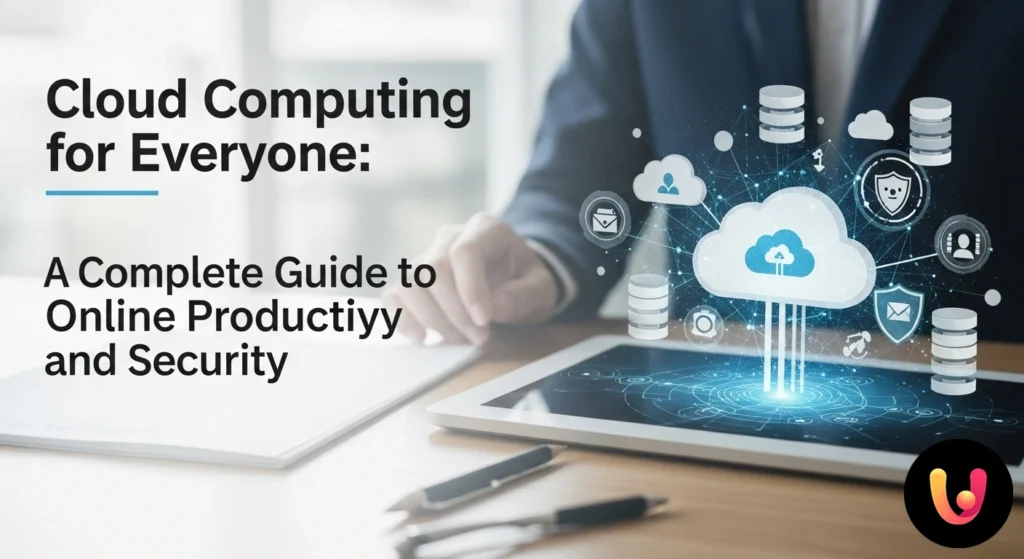 Cloud per tutti: guida a produttività e sicurezza online Rete di icone digitali che simboleggiano produttività e sicurezza collegate a un'icona cloud centrale.