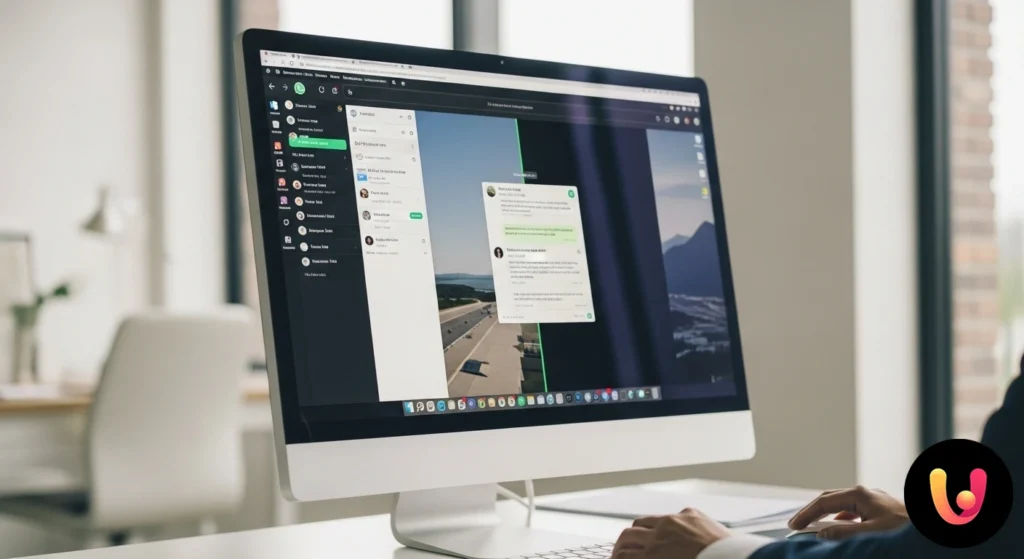 Schermata di un computer che mostra due finestre del browser affiancate, ognuna con un account whatsapp web diverso e attivo.