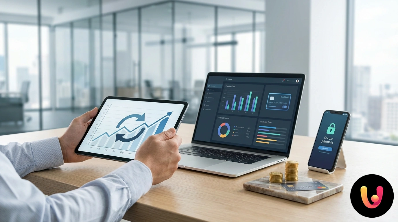 Mãos a utilizar uma aplicação de homebanking num smartphone com um cartão de crédito pousado na secretária