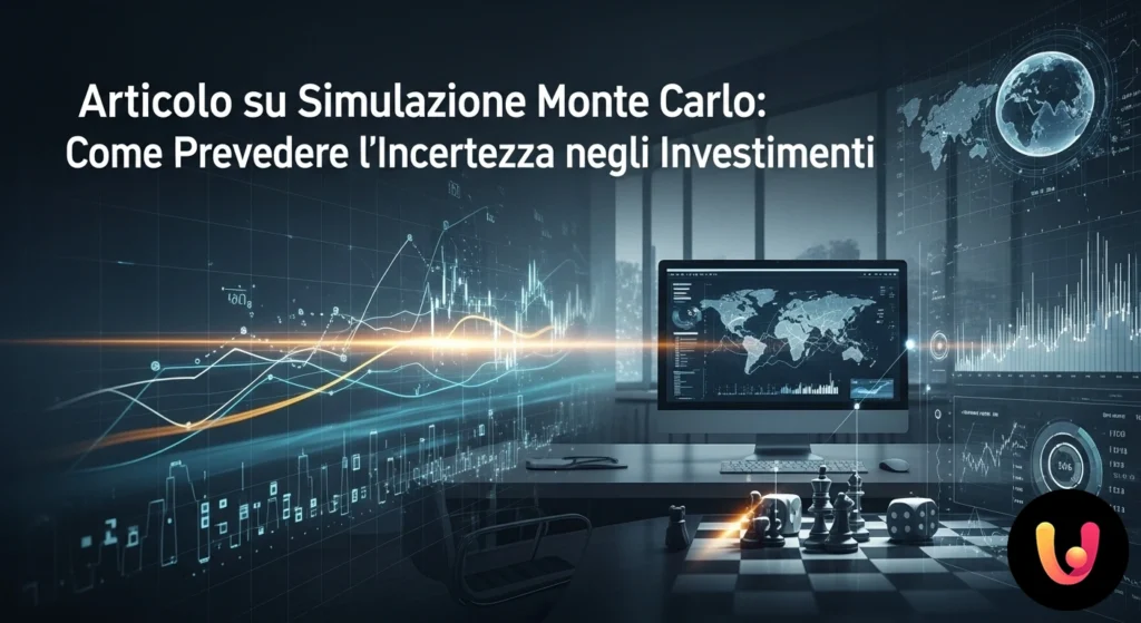 Simulazione Monte Carlo: Prevedi il Futuro dei Tuoi Investimenti Grafico con multipli percorsi di rendimento futuri che si diramano da un punto iniziale, a rappresentare l'incertezza.