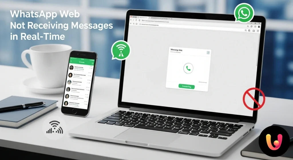 WhatsApp Web Slow? Fix Message Delays Interfaccia di whatsapp web con notifica gialla che segnala problemi di connessione e sincronizzazione dei messaggi.