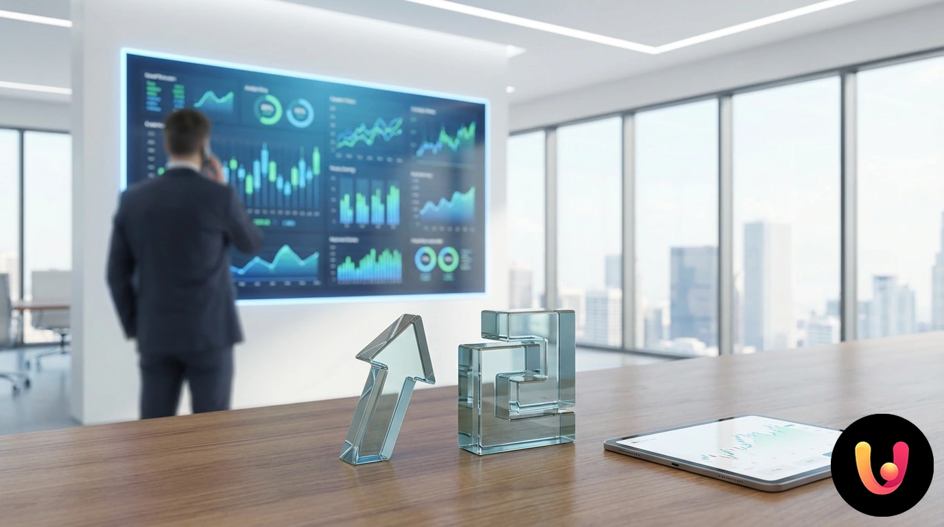 Financial performance charts on a digital monitor with stock and bond symbols
