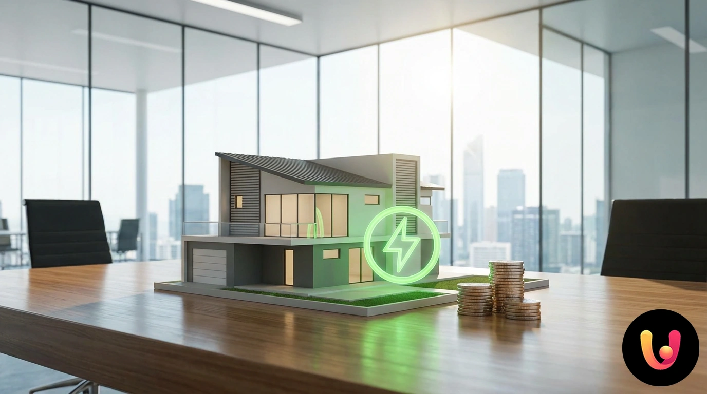 Escala de certificación energética sobre la clase A superpuesta a una casa moderna con paneles solares