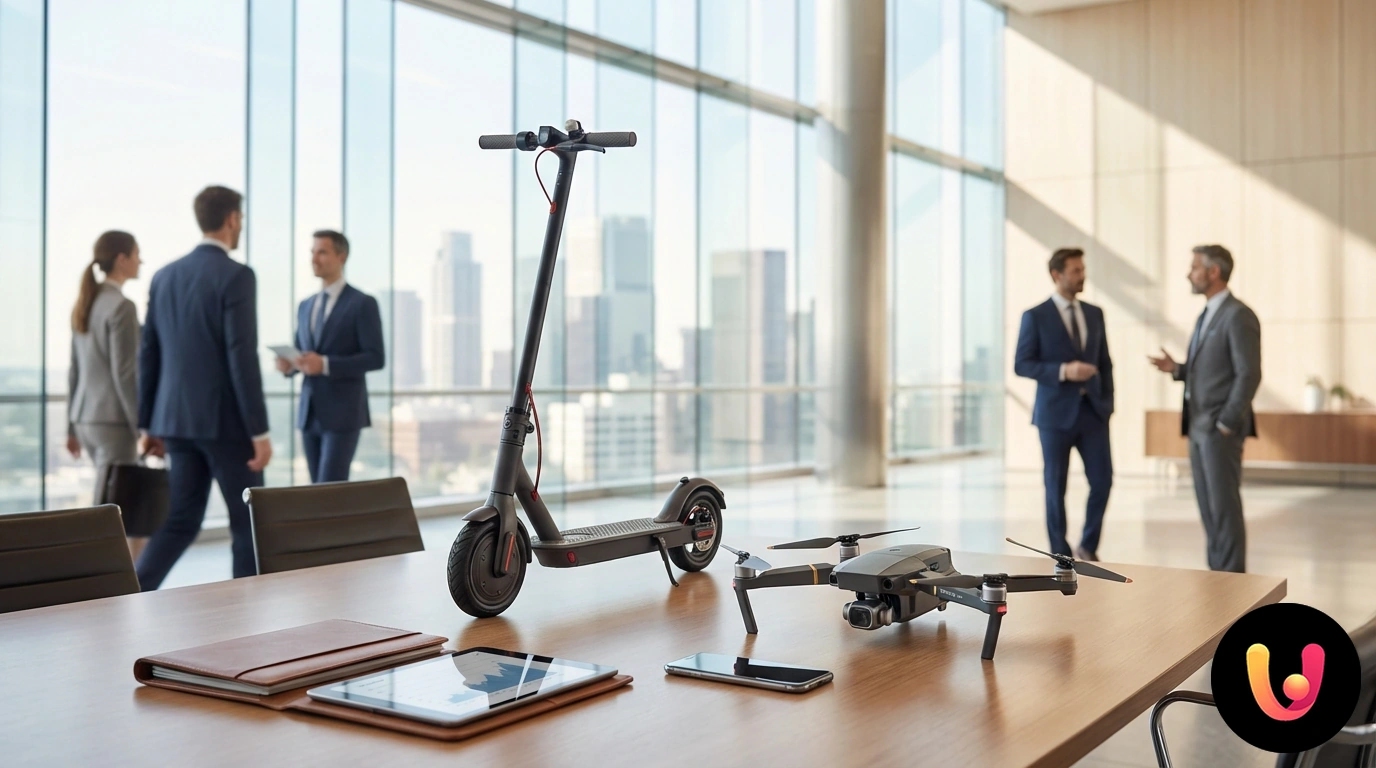 Electric scooter, drone, and smartphone pictured together under an insurance shield symbol
