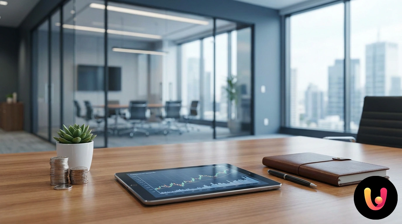 Hands analyzing savings growth charts on a tablet next to stacked coins