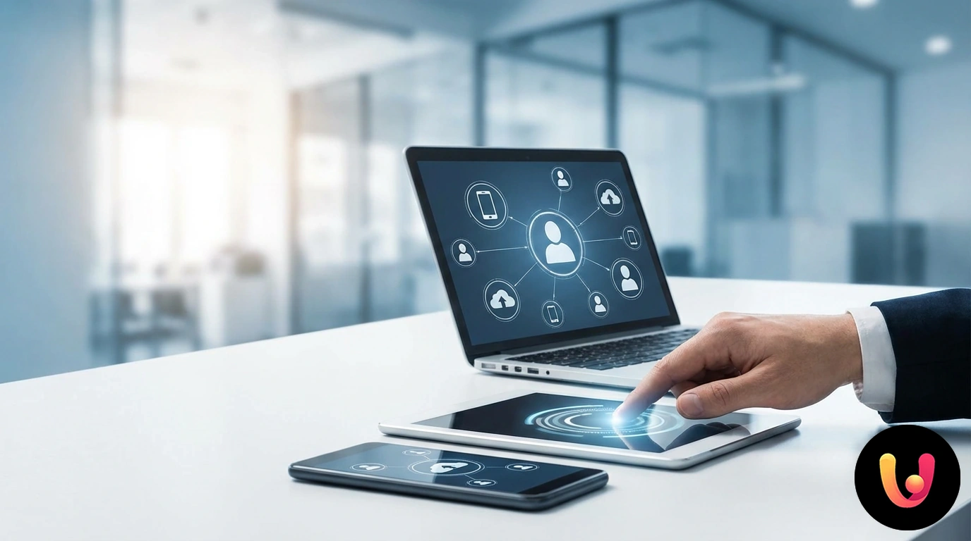 Ecran de smartphone cu lista de contacte și pictograma de sincronizare cloud activă