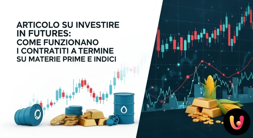 Piattaforma di trading mostra grafici e dati sull'andamento dei contratti futures su materie prime e indici.
