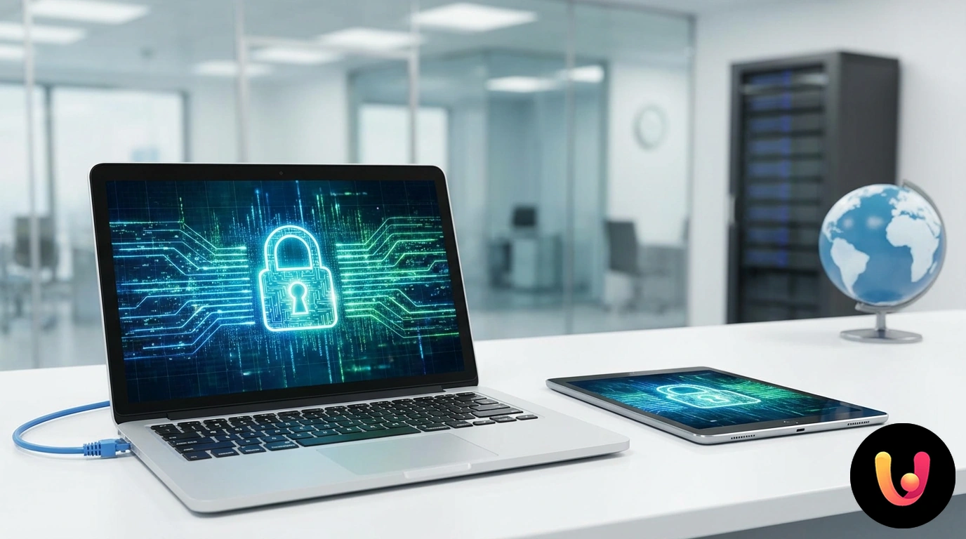 Blaues holografisches Vorhängeschloss, das digitale Datenströme und Binärcode auf dunklem Hintergrund schützt