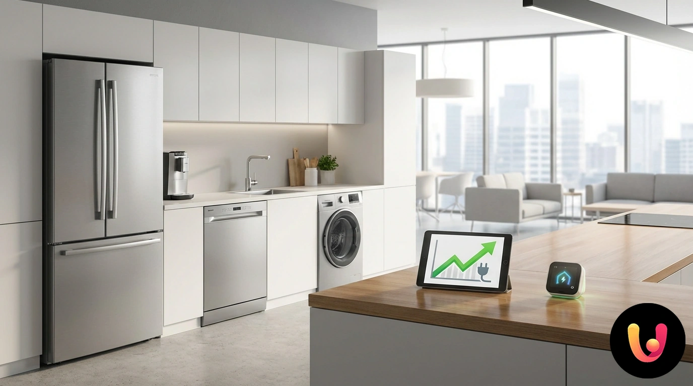 Lavadora y frigorífico modernos con la etiqueta de eficiencia energética destacada