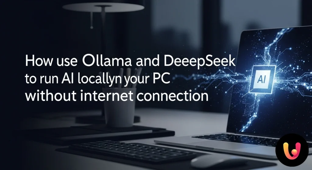 Logos di ollama e deepseek integrati in un chip processore per rappresentare l'intelligenza artificiale eseguita in locale su