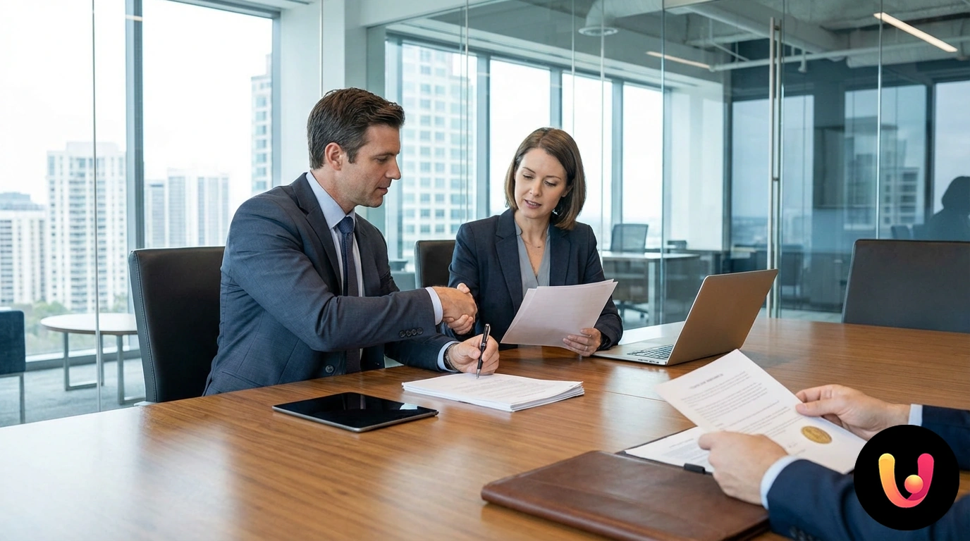 Mano firmando un contrato de financiación con una segunda persona lista para contrafirmar