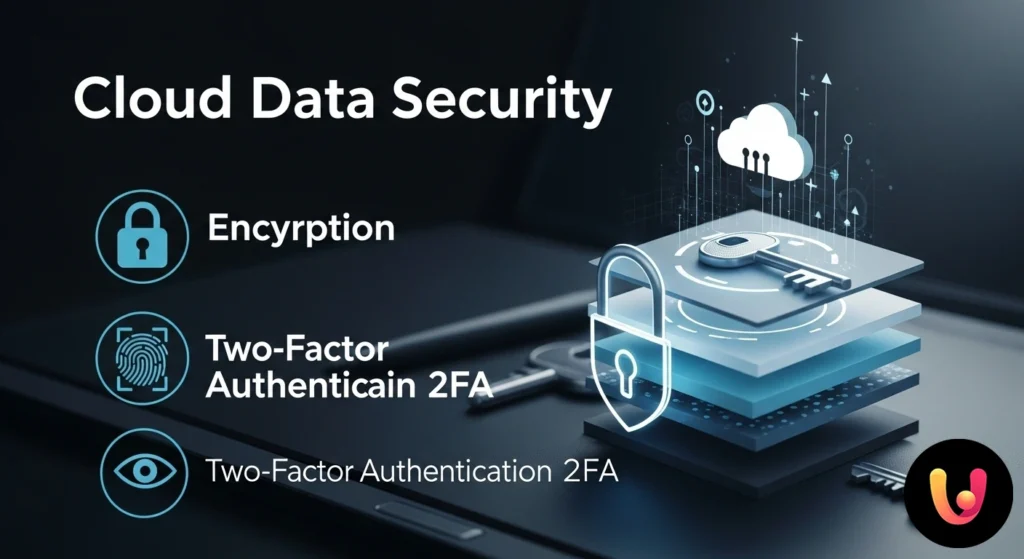 Icona di un cloud protetto da un lucchetto e uno scudo, a simboleggiare la crittografia e l'autenticazione a due fattori (2fa