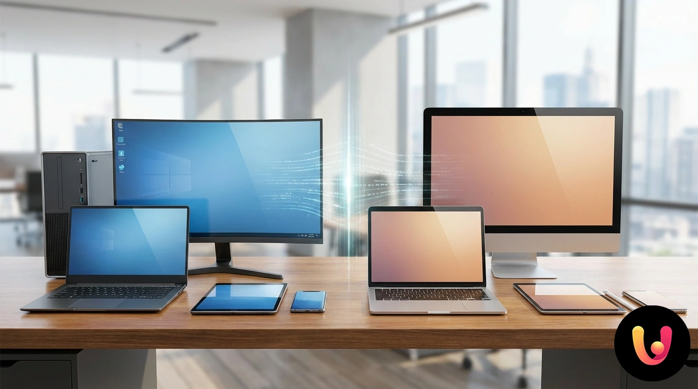 Portátil con la interfaz de Windows 11 abierto junto a un MacBook con macOS sobre un escritorio de trabajo