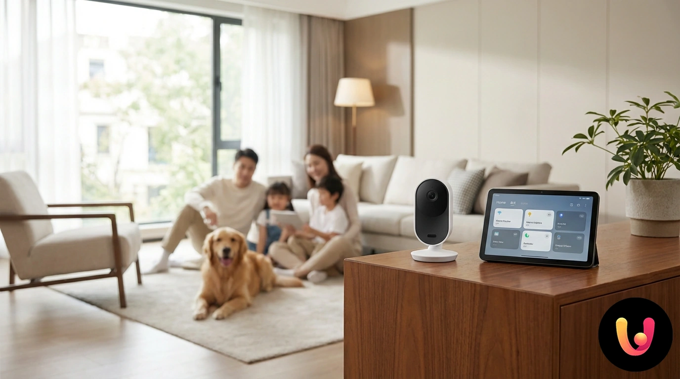 Family with a dog in the yard of a modern home equipped with outdoor surveillance cameras