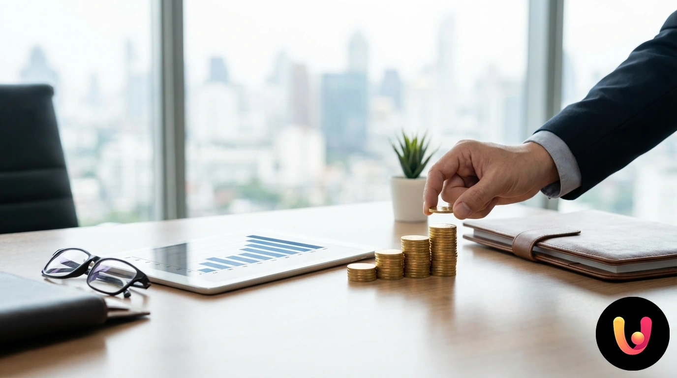 Two professionals shake hands in a modern office over documents and financial growth charts
