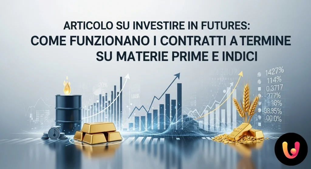 Investir em Futuros: Guia de Contratos, Matérias-Primas e Índices Grafico finanziario con andamenti di mercato sovrapposto a icone di materie prime come petrolio e grano e indici di borsa.
