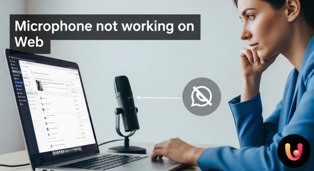 Interfaccia di whatsapp web su un computer portatile che mostra l'icona del microfono barrata, a indicare un problema di auto