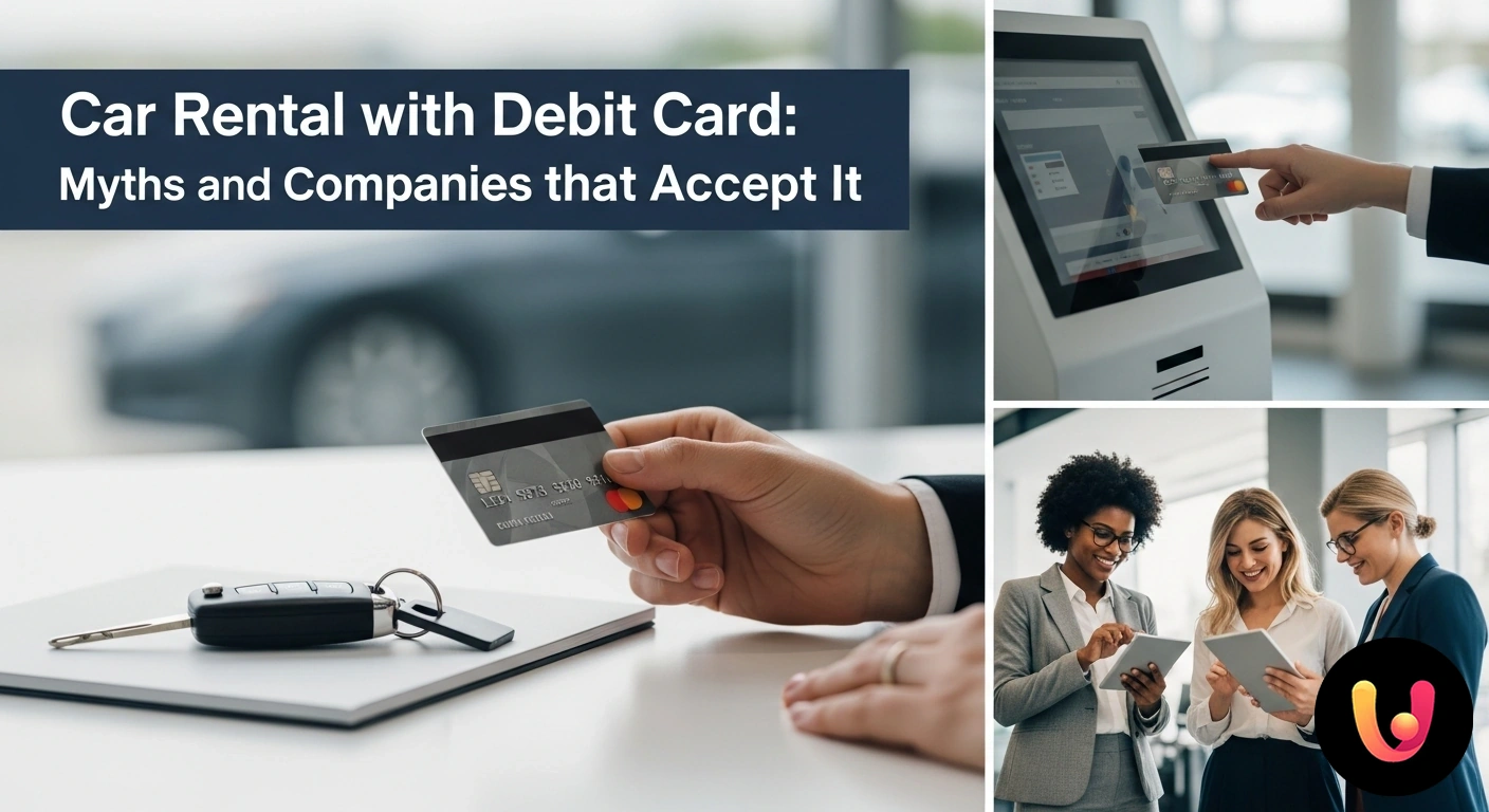 Noleggio Auto con Carta di Debito: Guida Completa e Compagnie Abilitate Cliente consegna una carta di debito all'agente di un autonoleggio per il pagamento, con le chiavi dell'auto sul bancone.