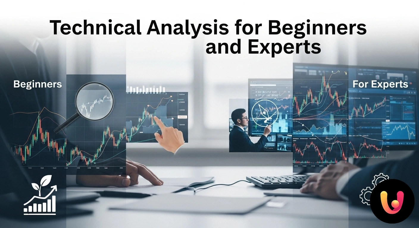 Grafico finanziario a candele con indicatori di analisi tecnica, come medie mobili e oscillatore stocastico, per l'analisi de