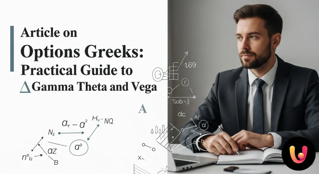Simboli delle greche (delta, gamma, theta, vega) sovrapposti a un grafico che illustra l'andamento dei mercati finanziari.