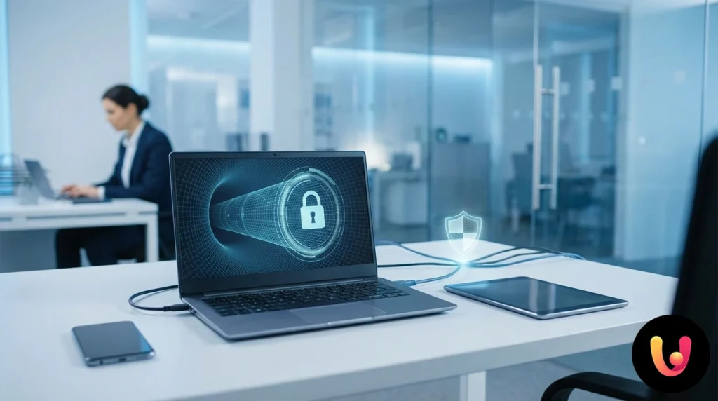 VPN e Privacidade: Guia Completo para Navegar em Segurança Cadeado digital fechado sobreposto a um ecrã de portátil que mostra ligações de rede seguras