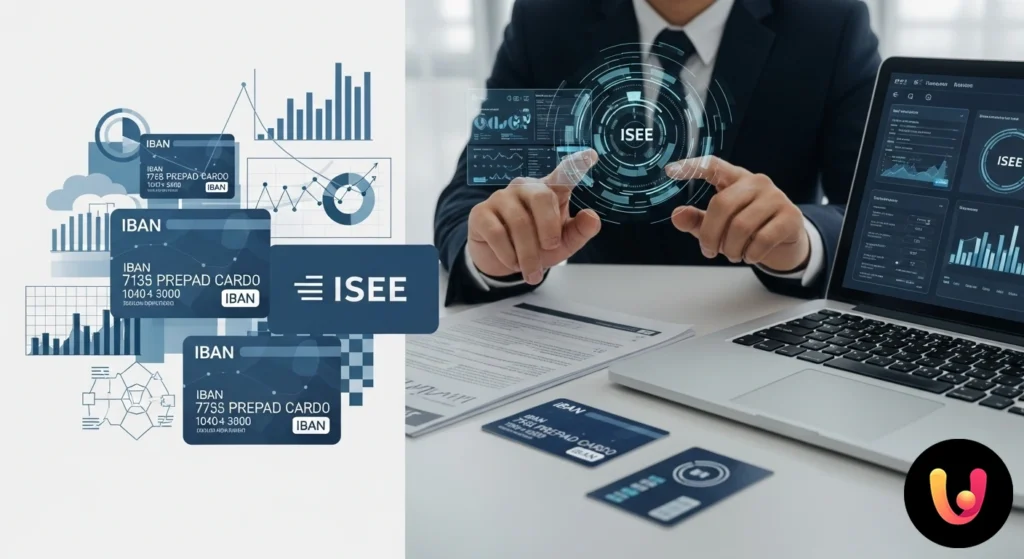 Prepaid-Karten: Leitfaden zu ISEE und Steuerüberwachung Mano che analizza una carta prepagata con iban usando una lente d'ingrandimento, a simboleggiare il monitoraggio fiscale e il