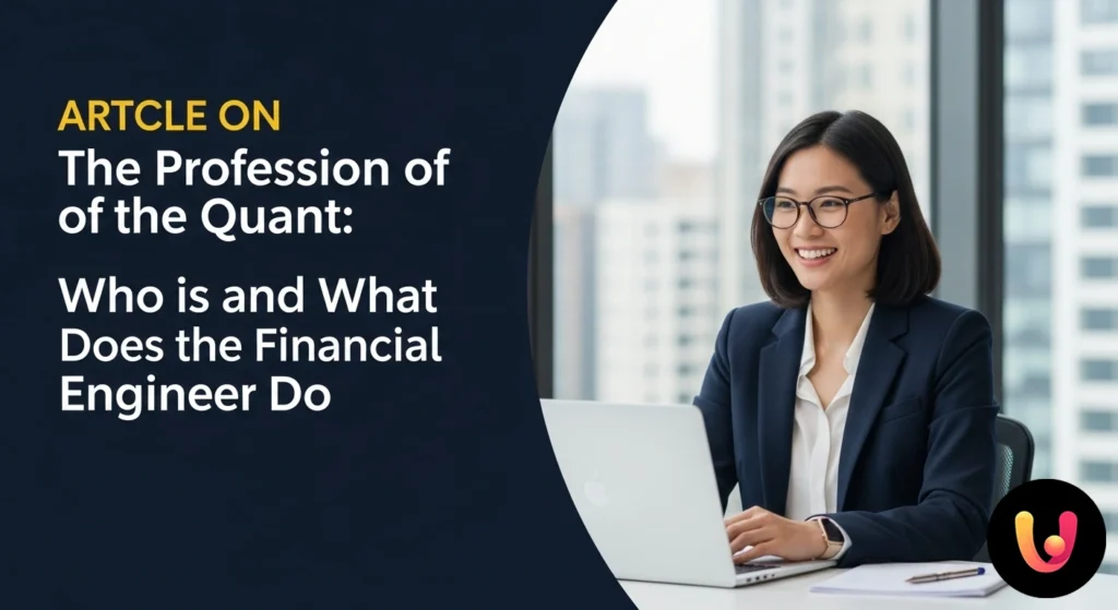 Ingegnere finanziario che analizza complessi grafici di dati di borsa su più monitor in un ufficio moderno.