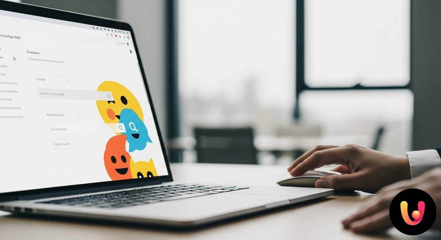 Come cercare emoji su WhatsApp Web in modo veloce Interfaccia di whatsapp web che mostra la funzione di ricerca emoji per trovare rapidamente un'icona specifica all'interno de