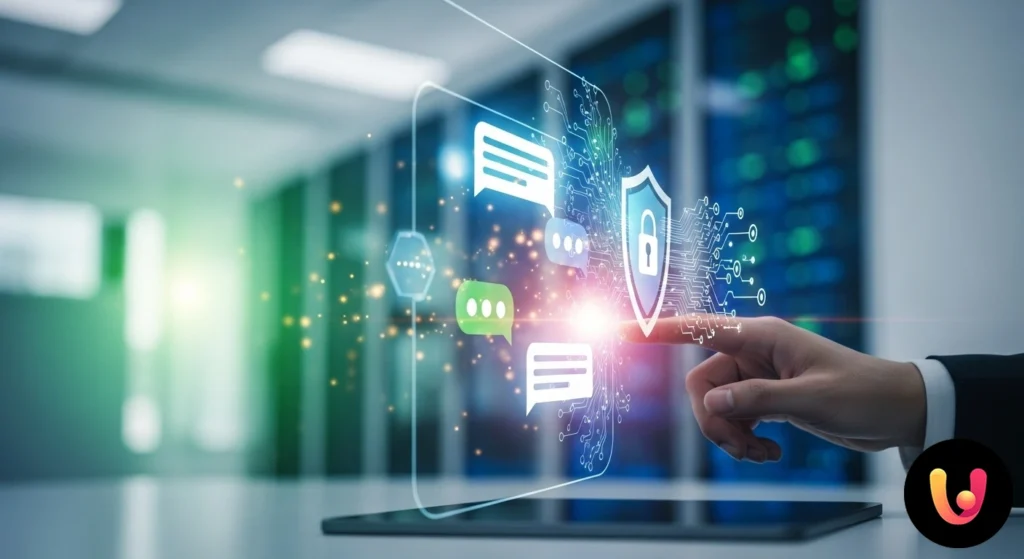 Scudo digitale che protegge i dati personali di un utente dall'intelligenza artificiale di un chatbot.