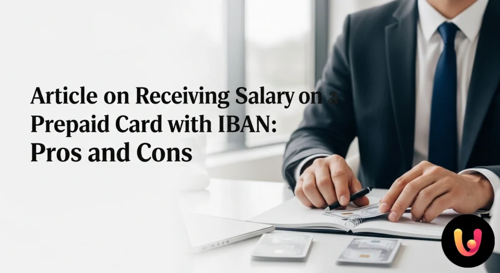 Mano che mostra una carta prepagata con iban davanti a un computer portatile con una schermata di gestione finanziaria.