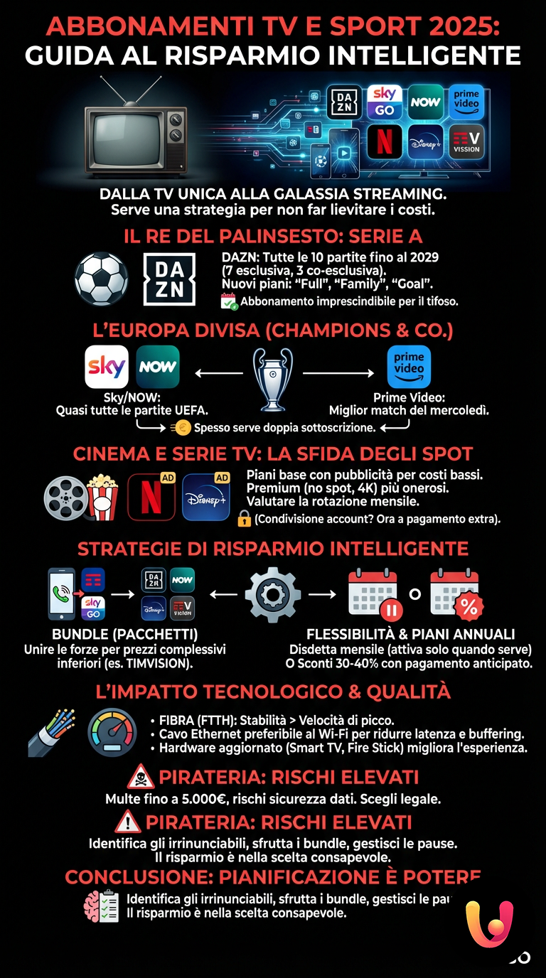 Abbonamenti TV e Sport 2025: Guida al Risparmio Intelligente - Infografica riassuntiva