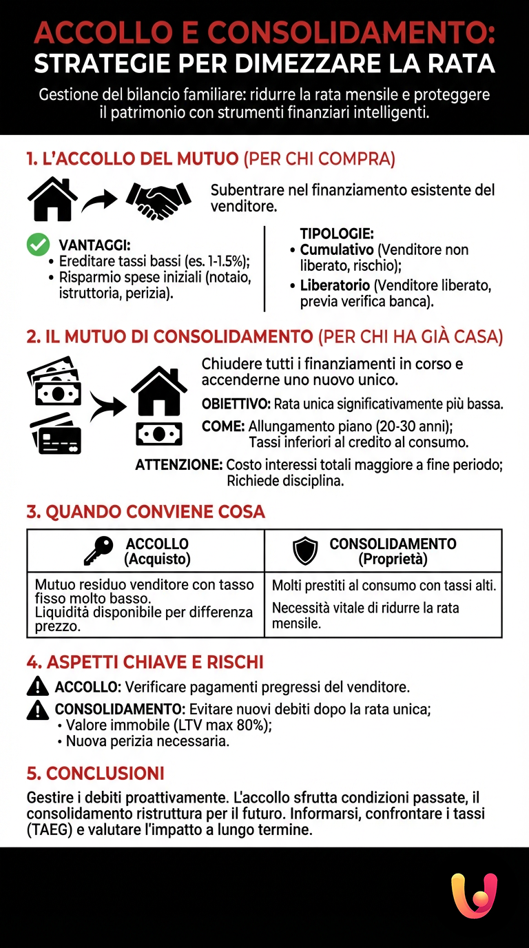 Accollo e Consolidamento: Strategie per Dimezzare la Rata - Infografica riassuntiva
