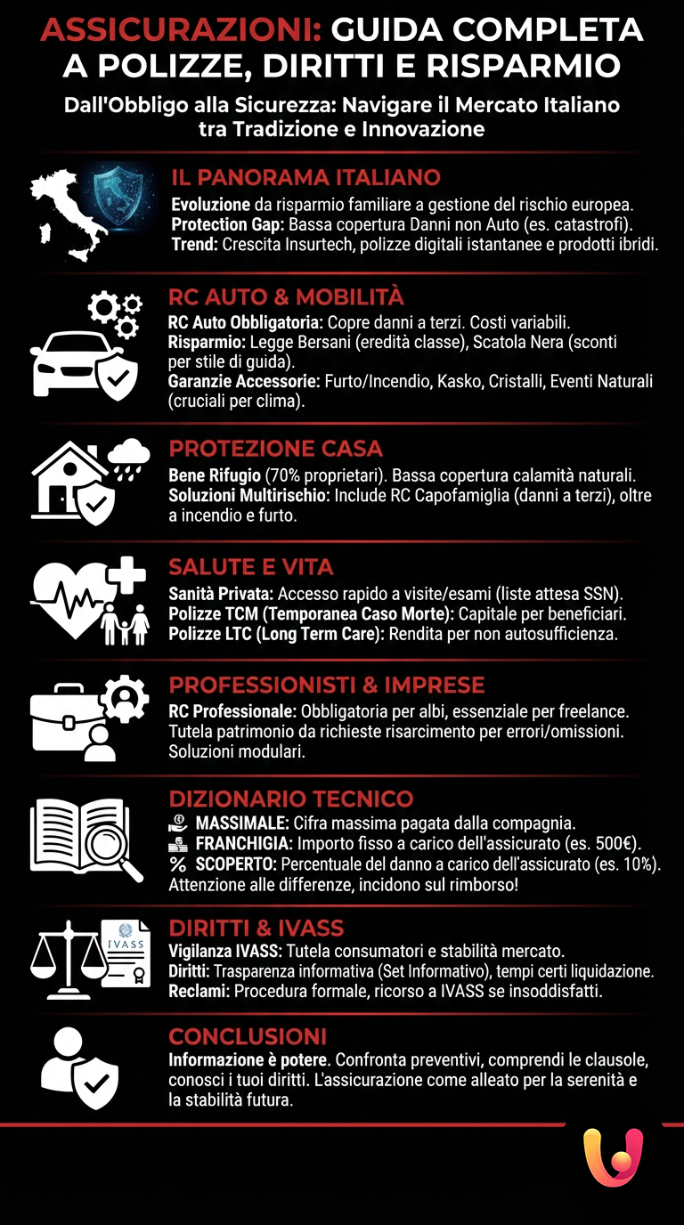 Assicurazioni: Guida Completa a Polizze, Diritti e Risparmio - Infografica riassuntiva