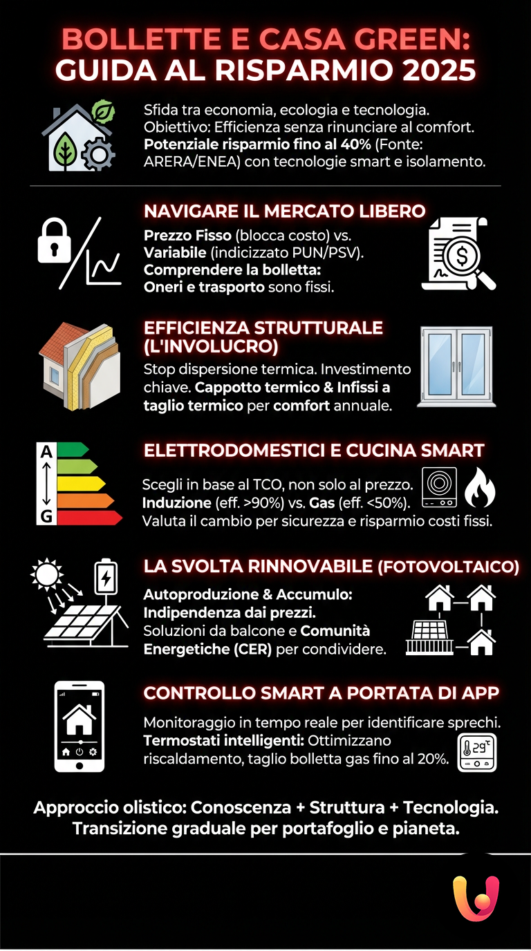 Bollette e Casa Green: Guida Definitiva al Risparmio 2025 - Infografica riassuntiva