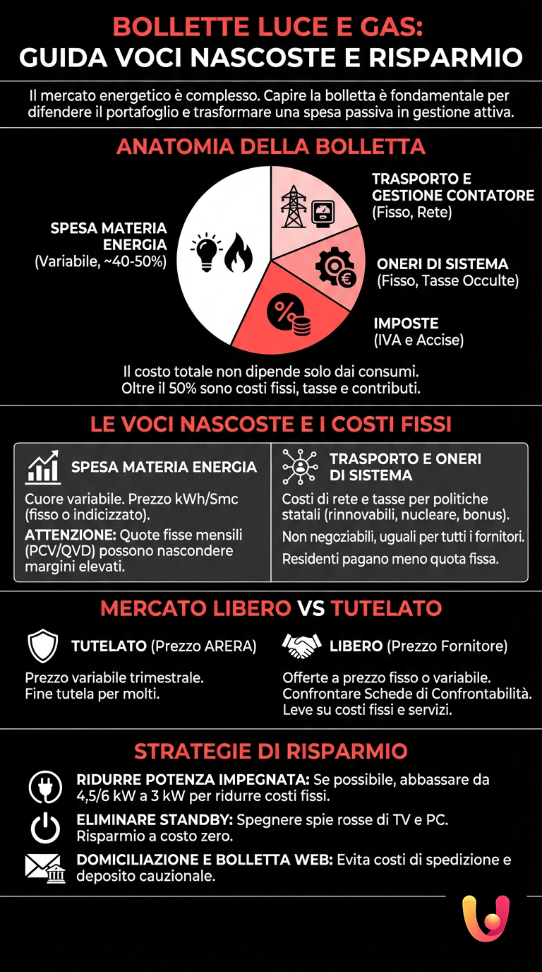 Bollette Luce e Gas: Guida Voci Nascoste e Risparmio - Infografica riassuntiva